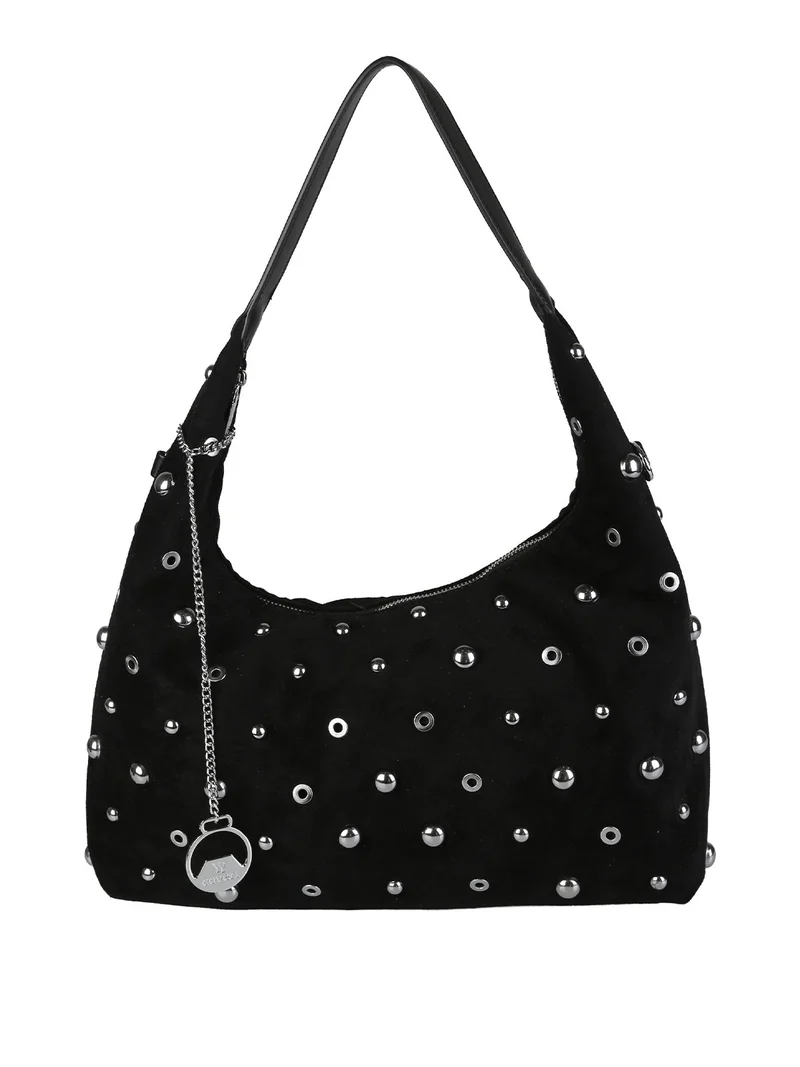 Borsa hobo da donna in tessuto scamosciato con borchie - nero