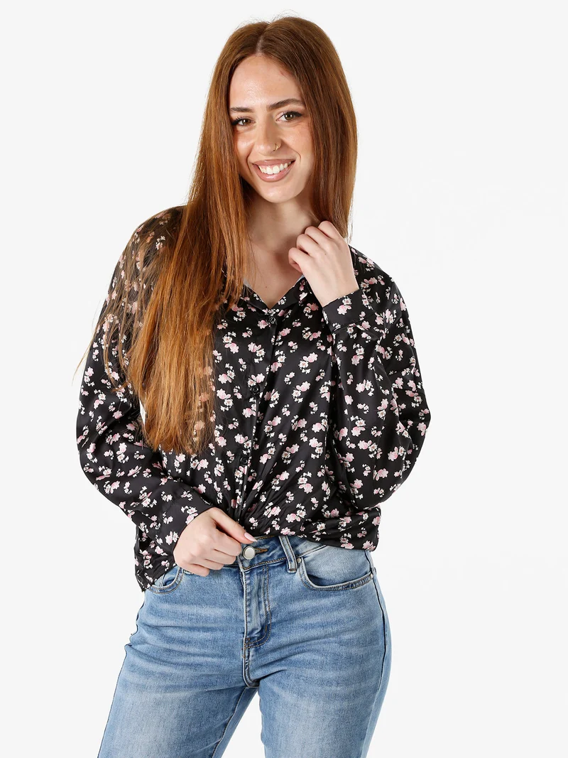 Camicia da donna a maniche lunghe con stampa floreale - nero