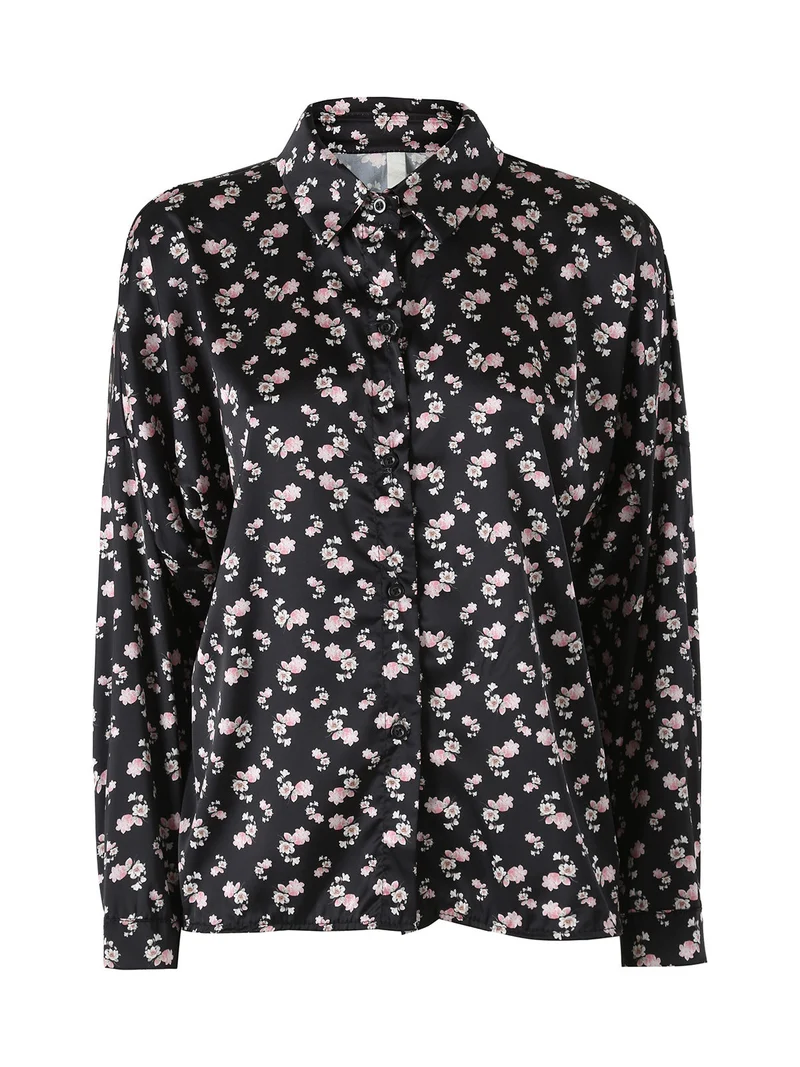 Camicia da donna a maniche lunghe con stampa floreale - nero