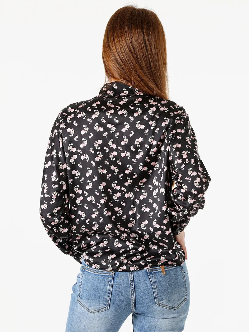 Camicia da donna a maniche lunghe con stampa floreale - nero