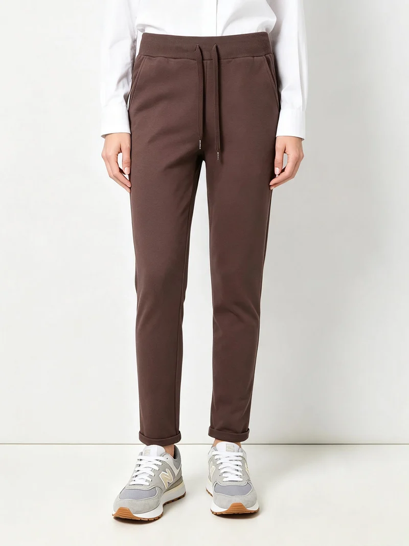 Pantaloni donna in cotone con coulisse in vita e risvolti - moro