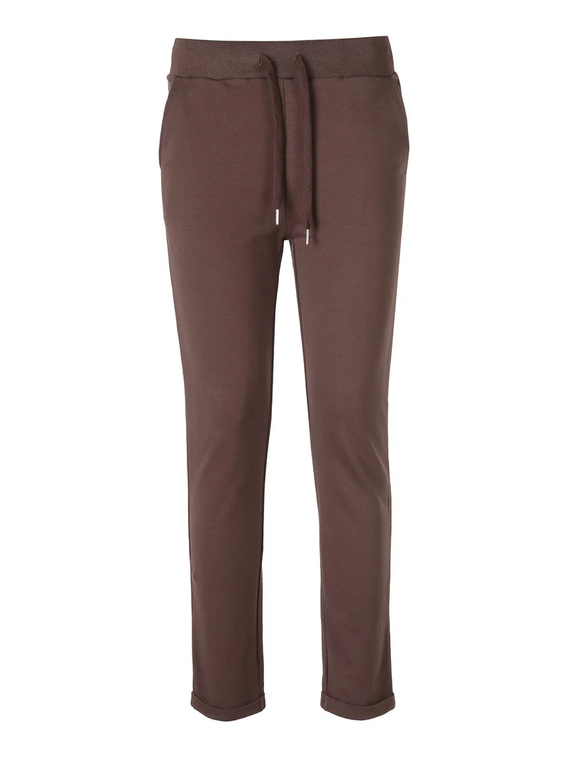Pantaloni donna in cotone con coulisse in vita e risvolti - moro