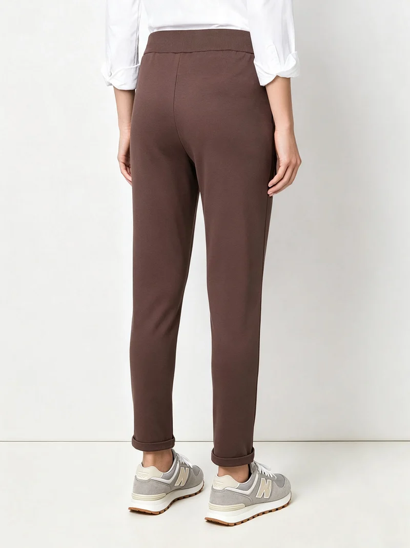 Pantaloni donna in cotone con coulisse in vita e risvolti - moro