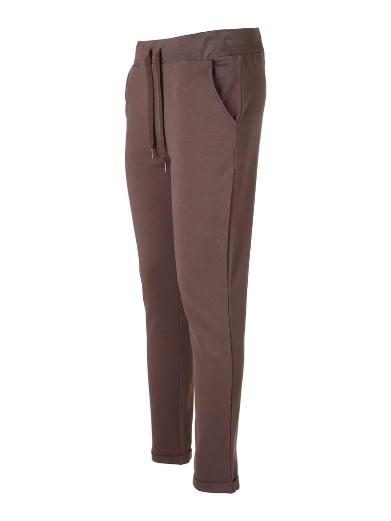 Pantaloni donna in cotone con coulisse in vita e risvolti - moro