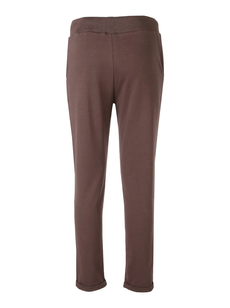 Pantaloni donna in cotone con coulisse in vita e risvolti - moro