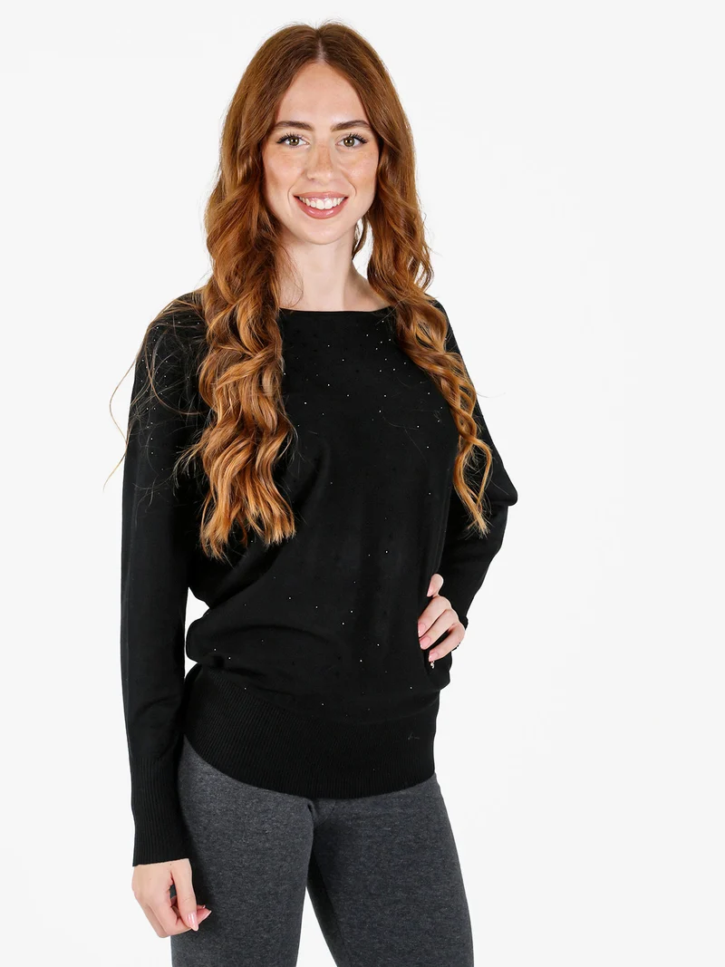 Maglia donna con scollo a barca e borchie - nero