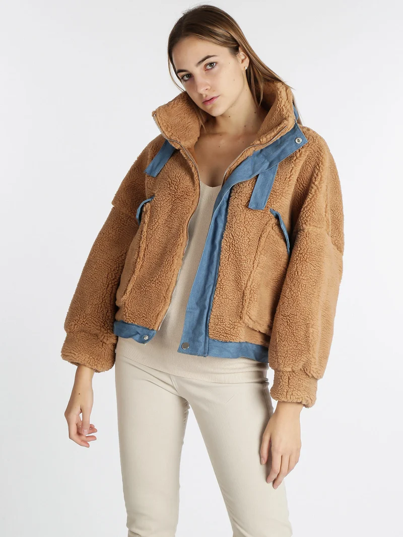Giacca corta teddy oversize - cammello