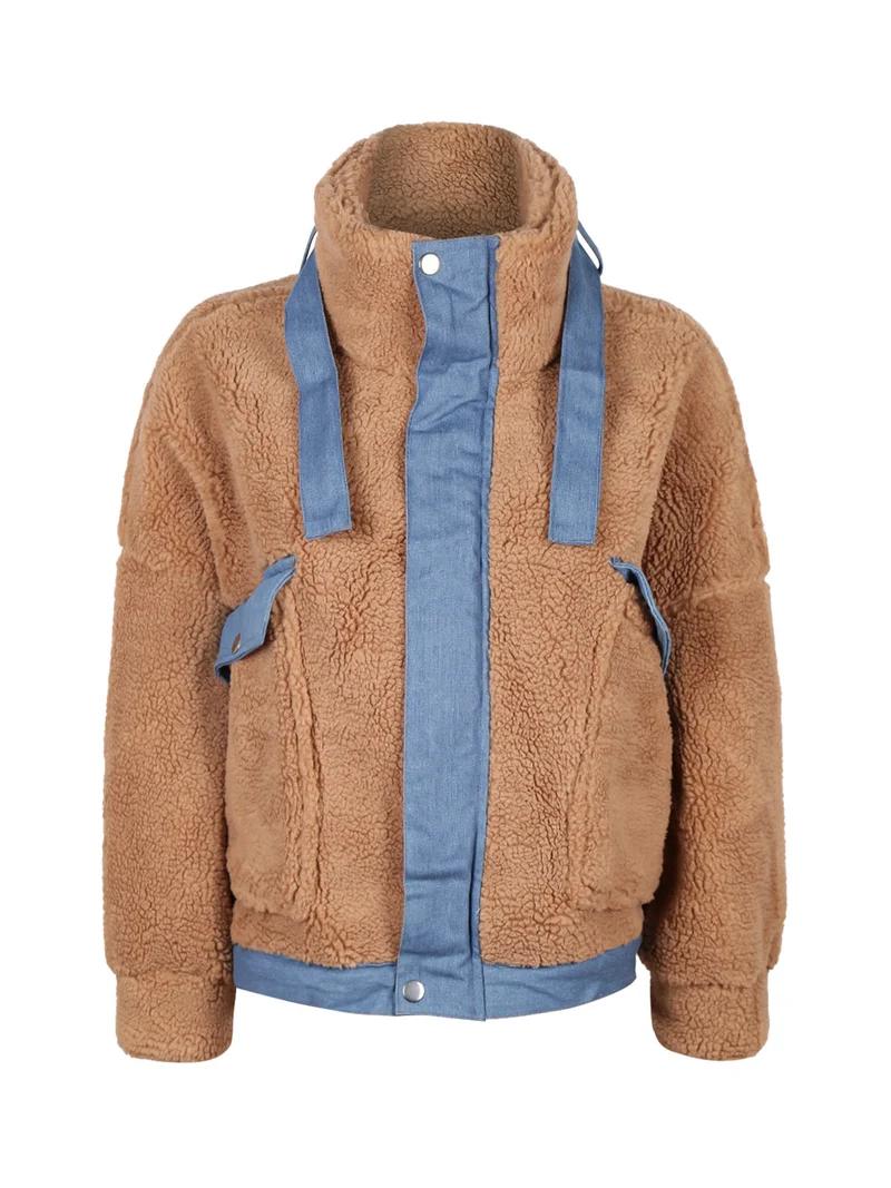 Giacca corta teddy oversize - cammello