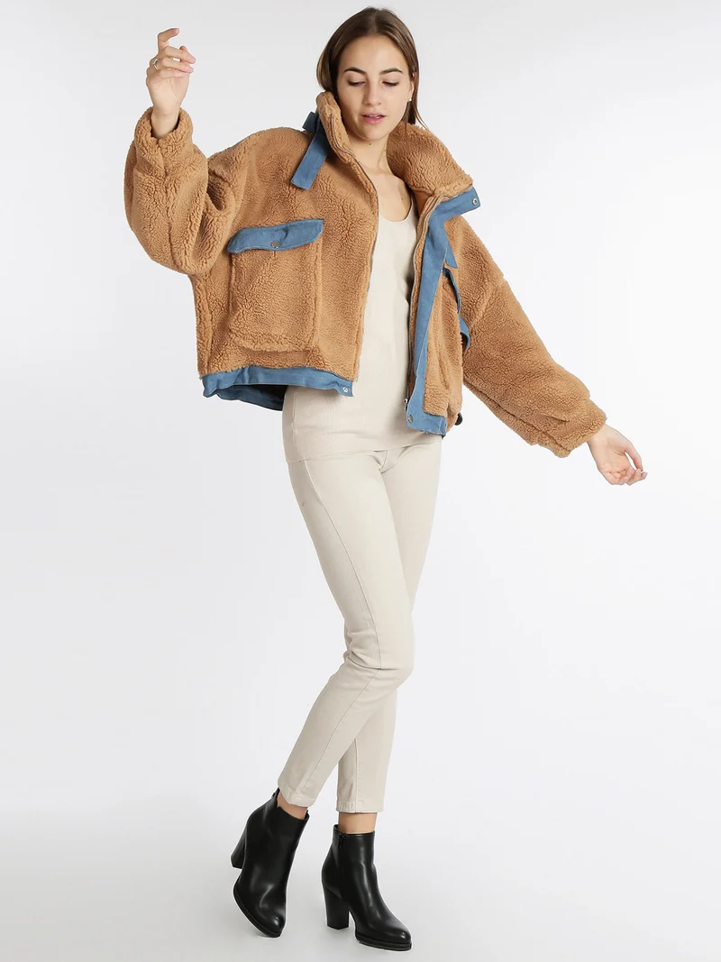 Giacca corta teddy oversize - cammello