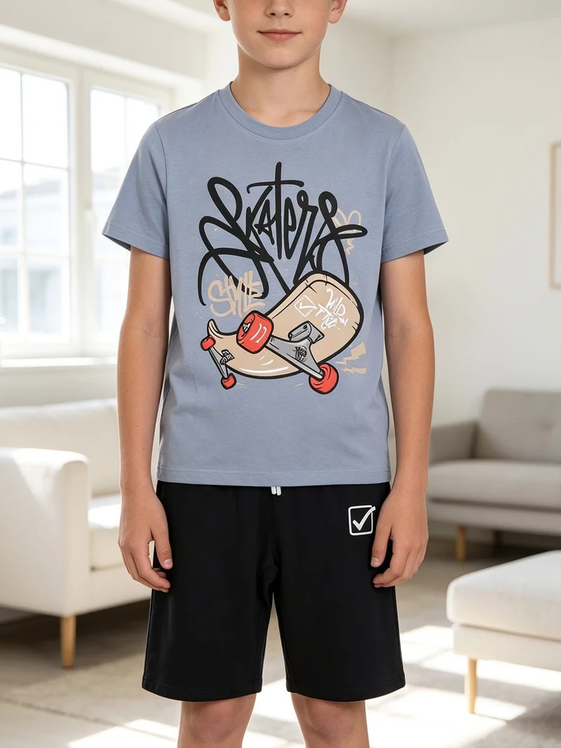 Completo corto da bambino in cotone con t-shirt e bermuda - azzurro