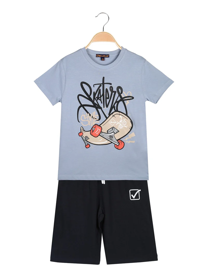 Completo corto da bambino in cotone con t-shirt e bermuda - azzurro