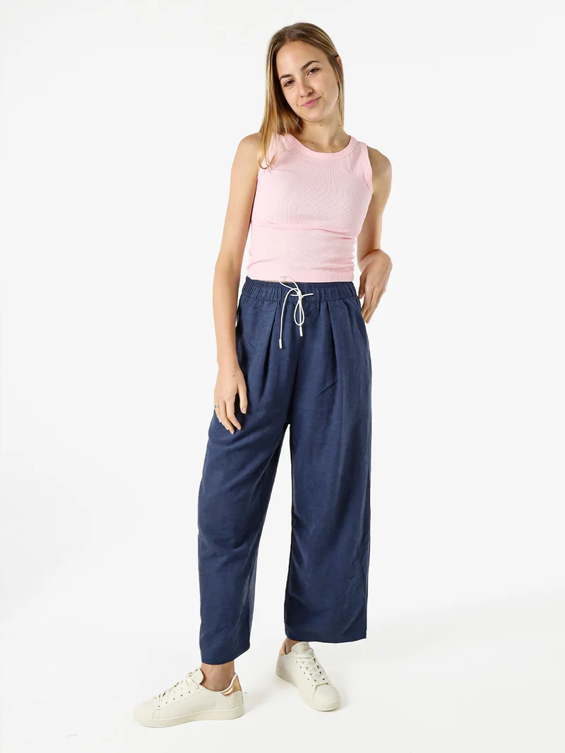 Pantaloni donna leggeri a gamba larga con coulisse - blu scuro