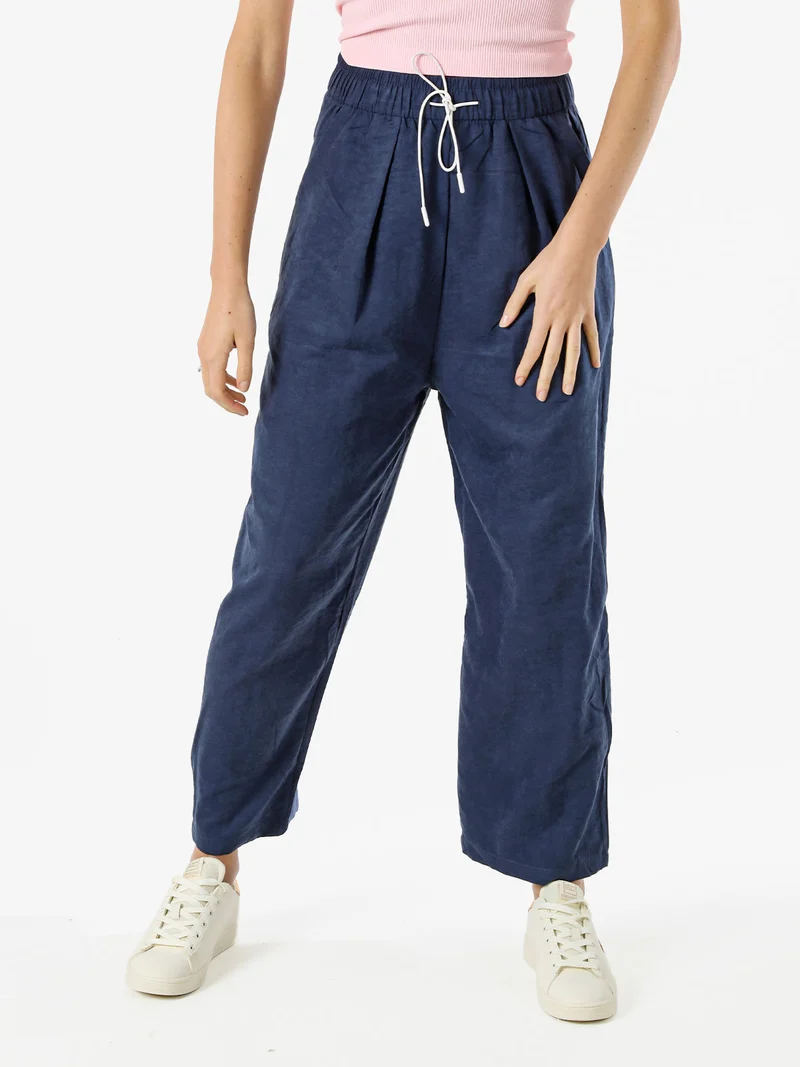 Pantaloni donna leggeri a gamba larga con coulisse - blu scuro