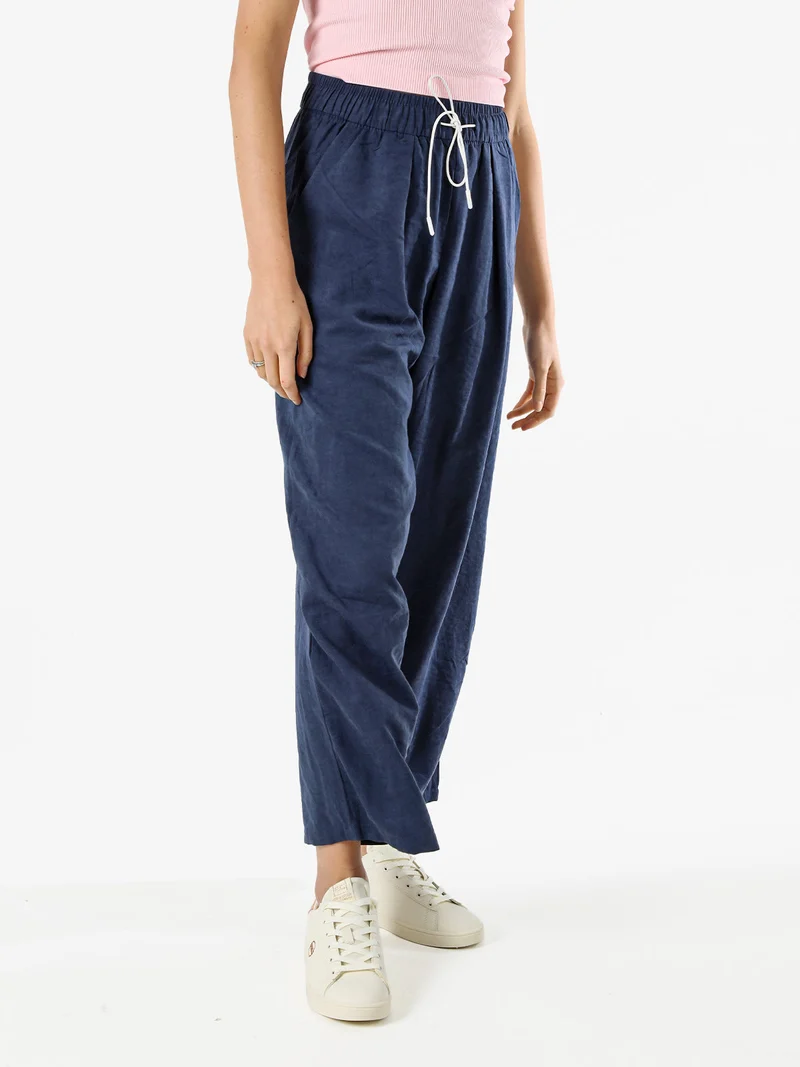 Pantaloni donna leggeri a gamba larga con coulisse - blu scuro