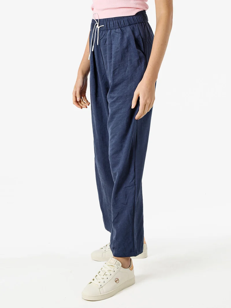 Pantaloni donna leggeri a gamba larga con coulisse - blu scuro