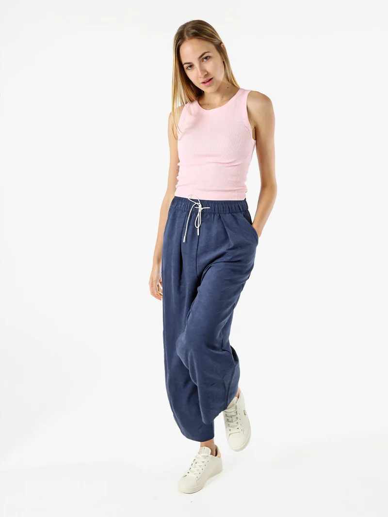 Pantaloni donna leggeri a gamba larga con coulisse - blu scuro