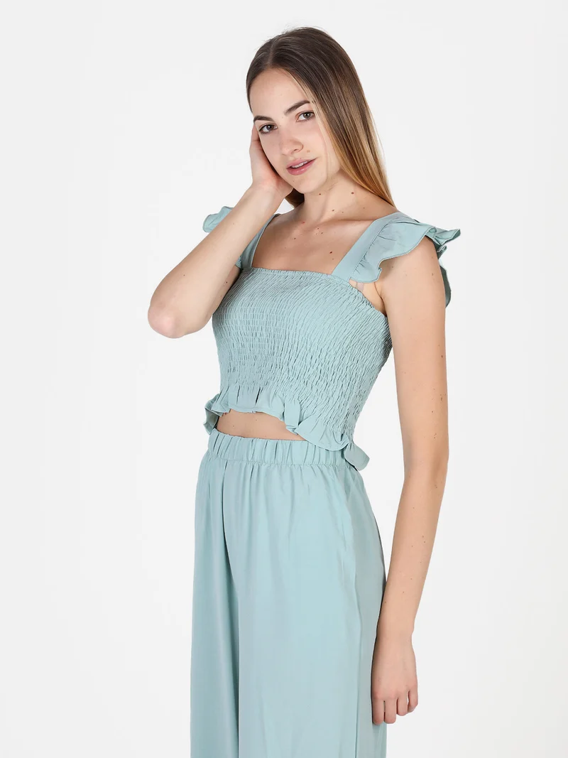 Top donna elasticizzato con spalline a volant - verde