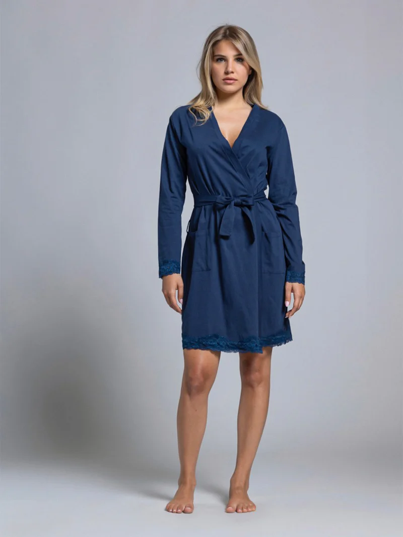 Vestaglia donna in cotone a maniche lunghe con dettagli in pizzo - blu scuro
