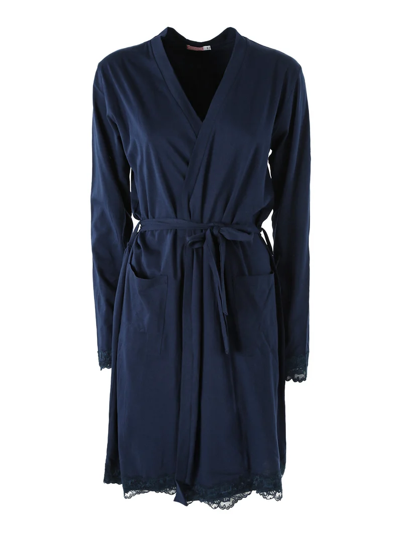 Vestaglia donna in cotone a maniche lunghe con dettagli in pizzo - blu scuro