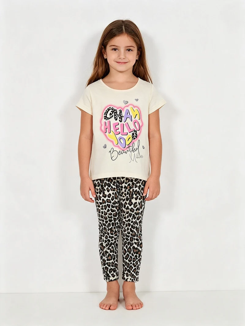 Completo bambina 2 pezzi con t-shirt e leggings maculati a 3/4 - giallo