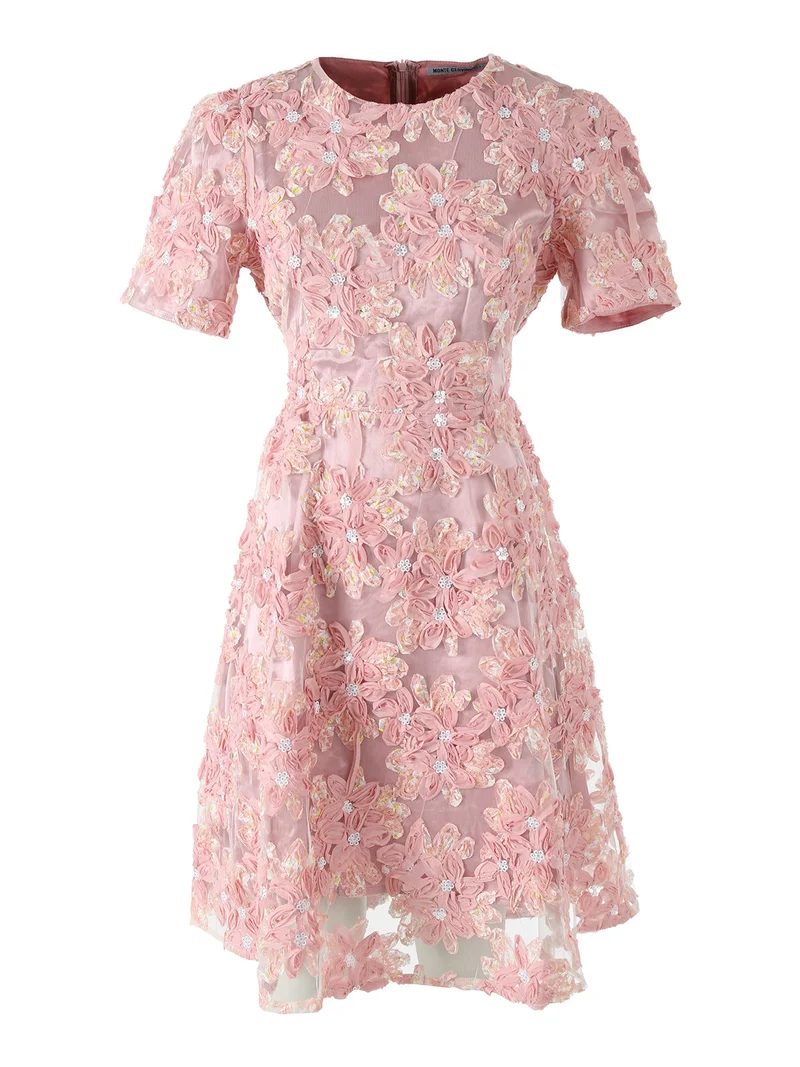 Abito donna in tulle con ricami a fiori e maniche corte - rosa