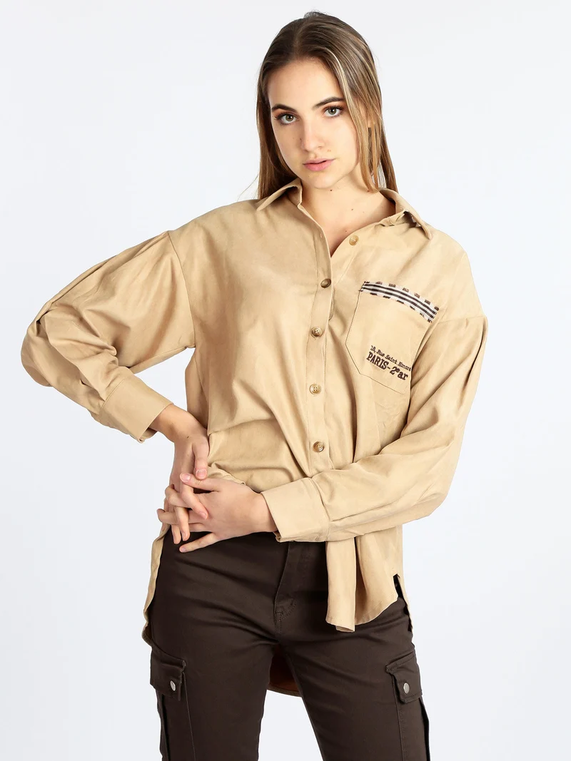 Camicia donna oversize con taschino - cammello
