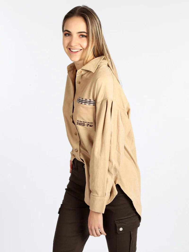 Camicia donna oversize con taschino - cammello