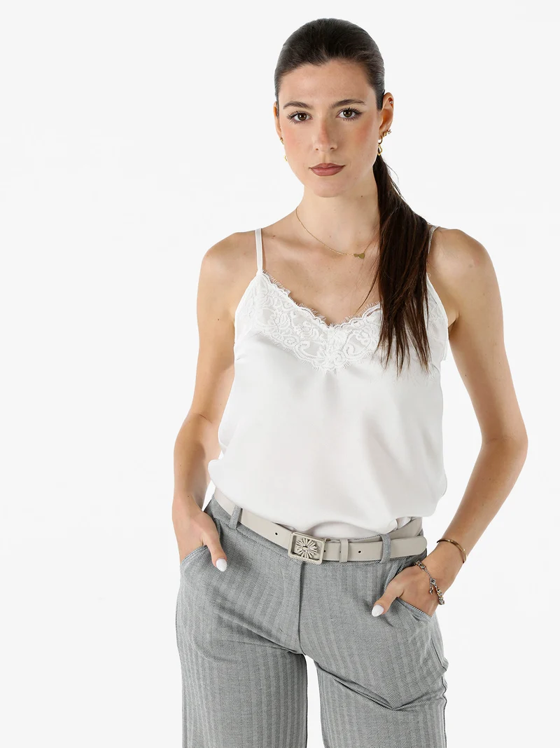 Top donna effetto raso con spalline sottili e dettaglio in pizzo - bianco