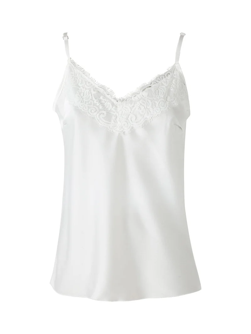 Top donna effetto raso con spalline sottili e dettaglio in pizzo - bianco