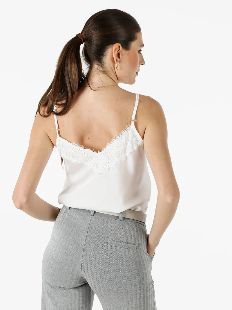Top donna effetto raso con spalline sottili e dettaglio in pizzo - bianco
