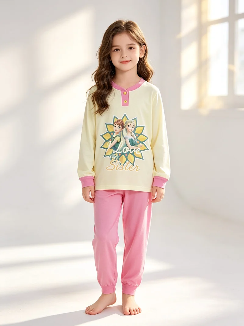 Pigiama lungo bambina in cotone Anna E Elsa - giallo