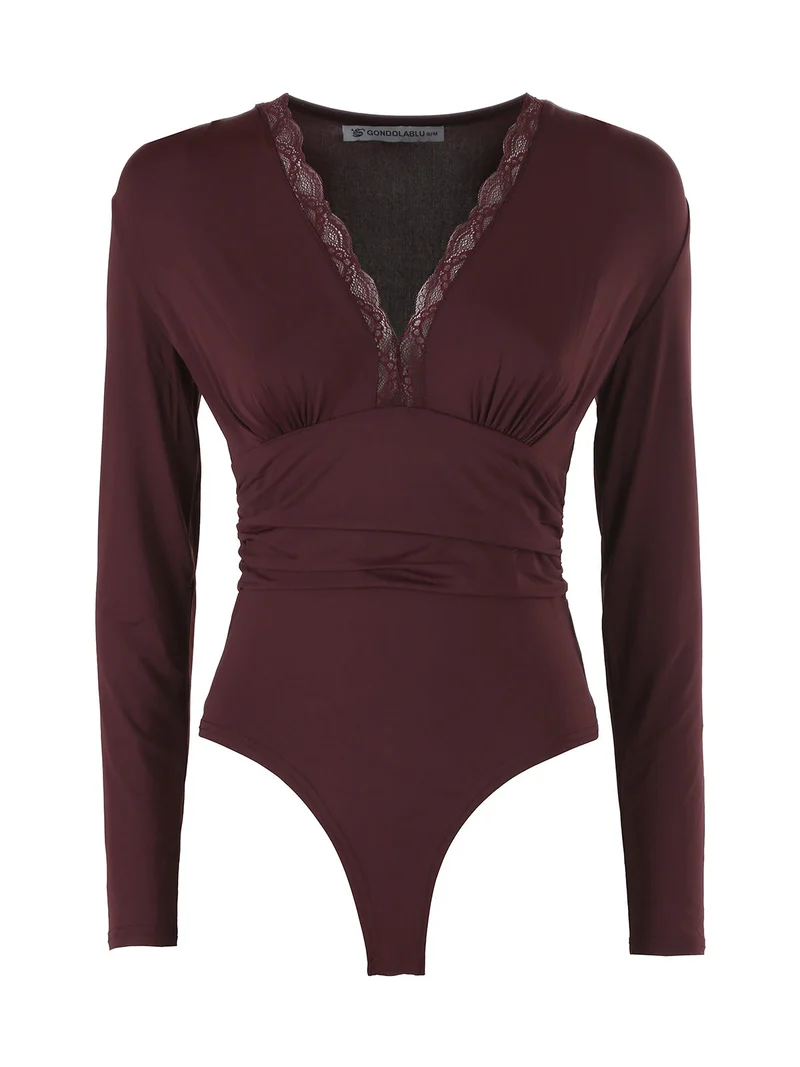 Top body da donna a maniche lunghe con scollo di pizzo - bordeaux