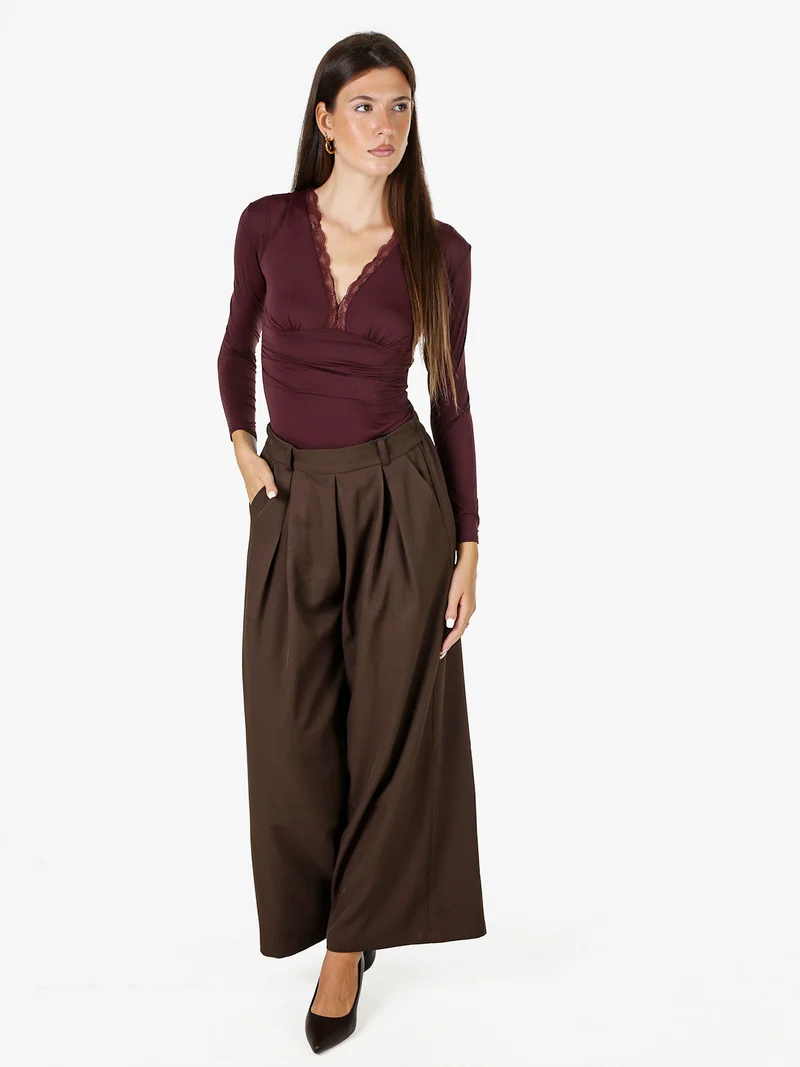 Top body da donna a maniche lunghe con scollo di pizzo - bordeaux