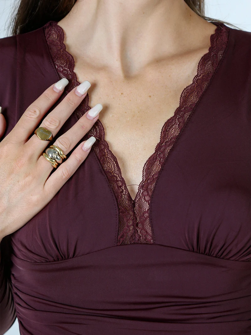 Top body da donna a maniche lunghe con scollo di pizzo - bordeaux