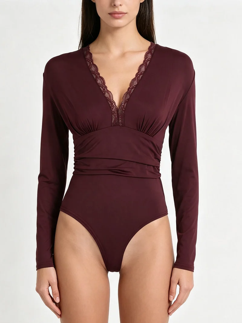 Top body da donna a maniche lunghe con scollo di pizzo - bordeaux