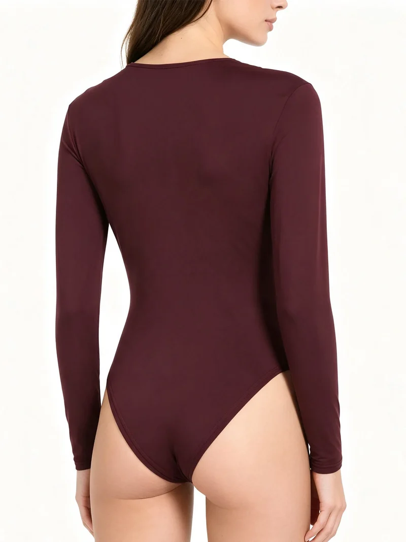 Top body da donna a maniche lunghe con scollo di pizzo - bordeaux