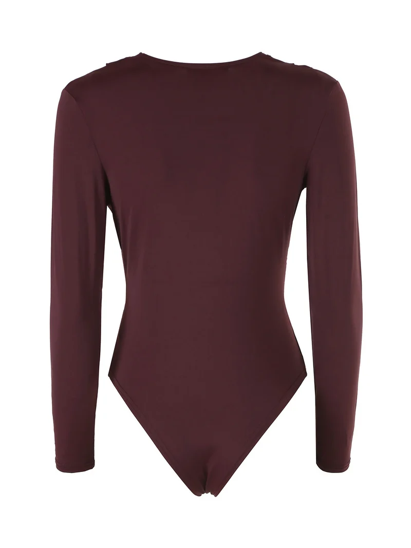 Top body da donna a maniche lunghe con scollo di pizzo - bordeaux