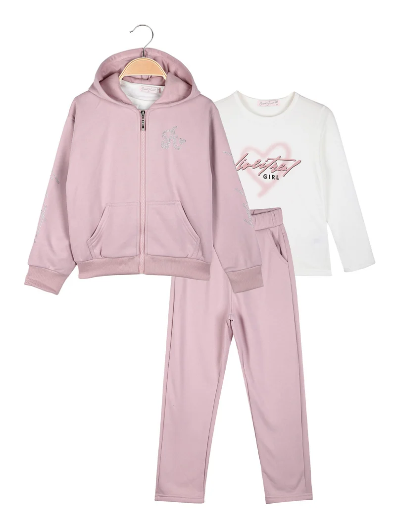 Completo tuta 3 pezzi da bambina con cappuccio e zip - rosa
