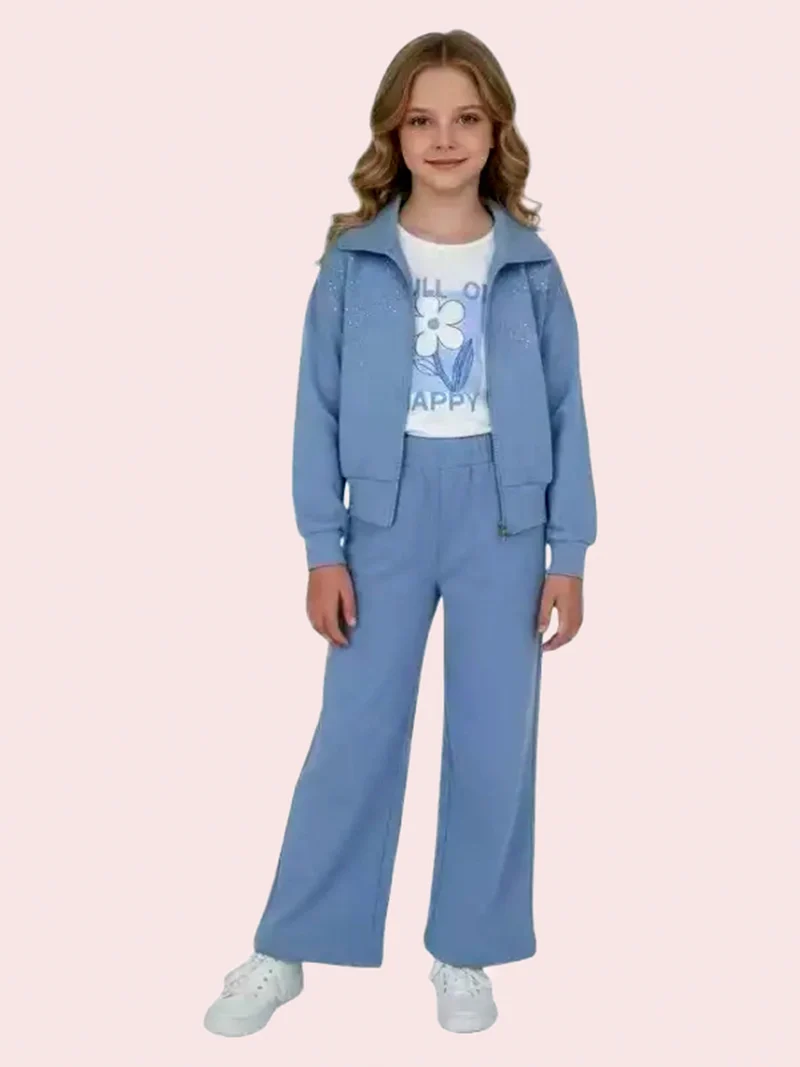 Completo 3 pezzi da bambina con strass e zip - azzurro