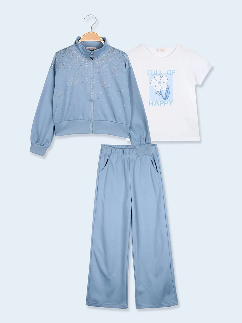 Completo 3 pezzi da bambina con strass e zip - azzurro