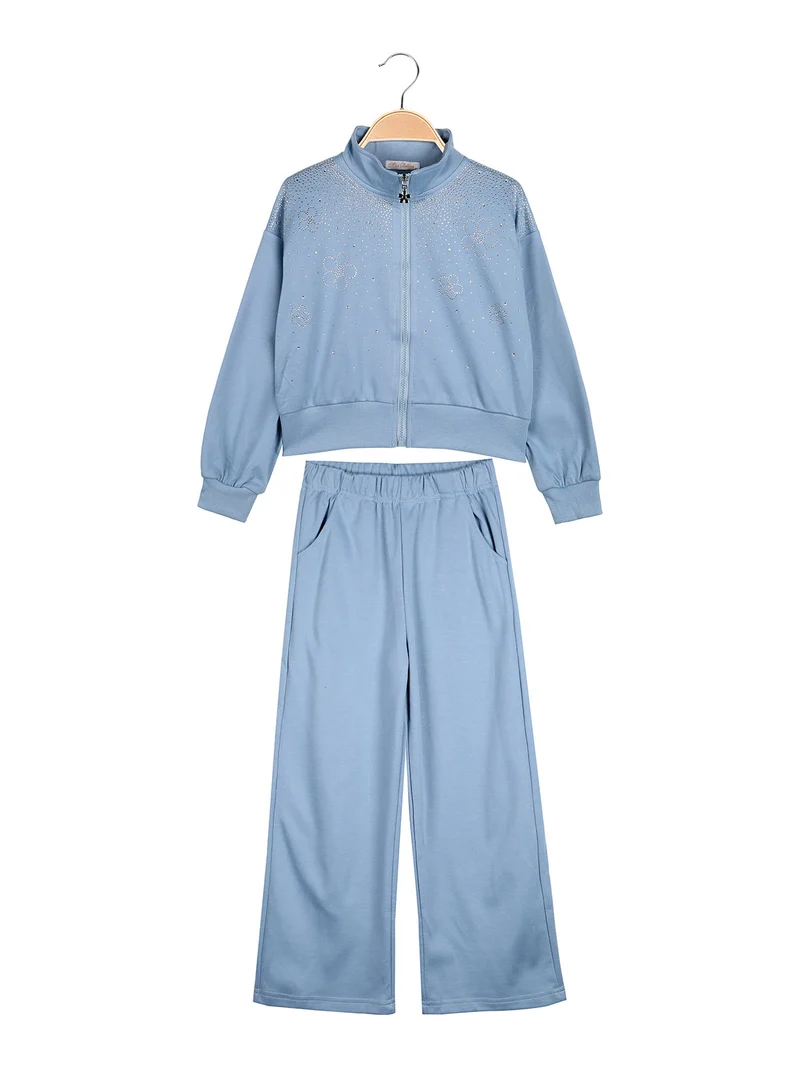 Completo 3 pezzi da bambina con strass e zip - azzurro