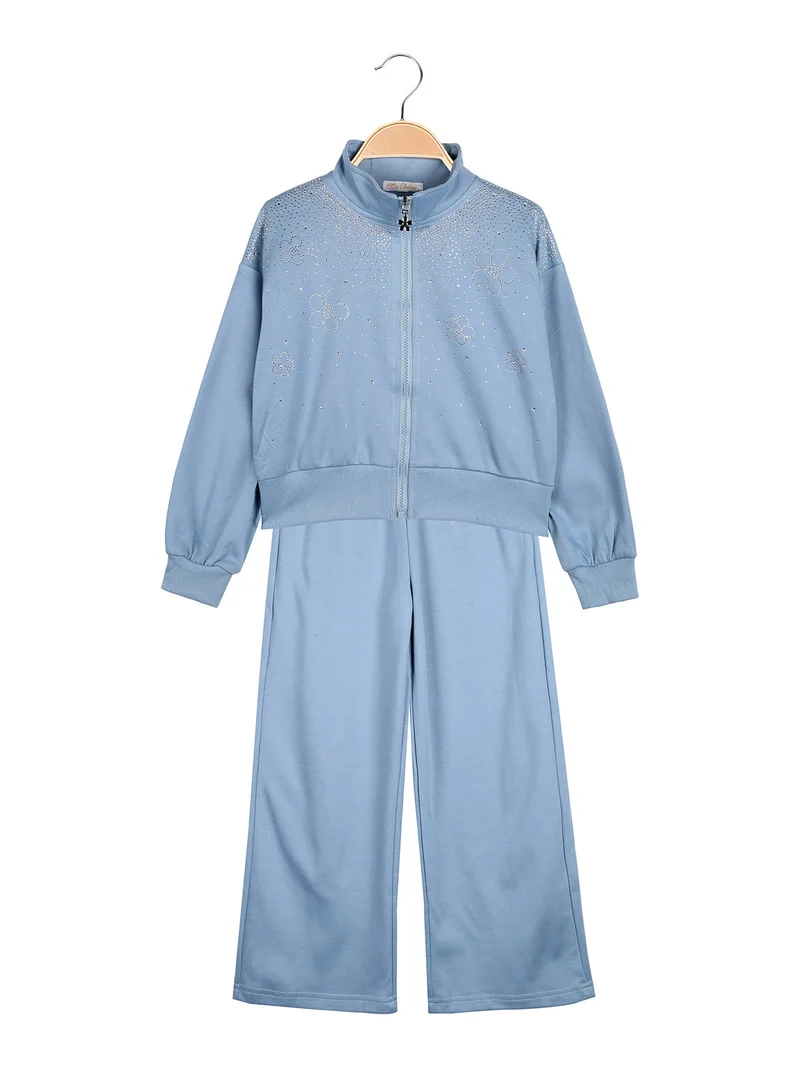 Completo 3 pezzi da bambina con strass e zip - azzurro