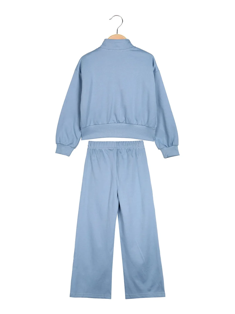 Completo 3 pezzi da bambina con strass e zip - azzurro