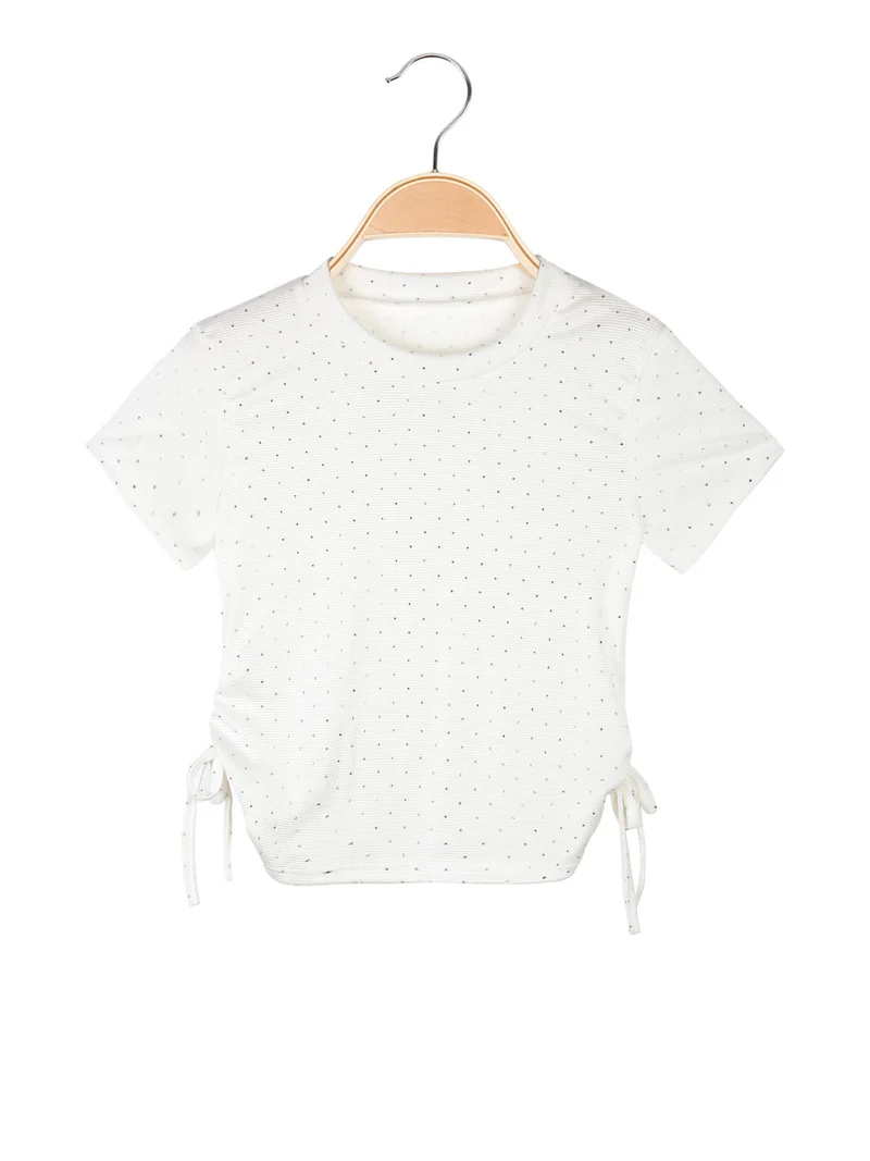 Top da bambina a maniche corte con strass - bianco
