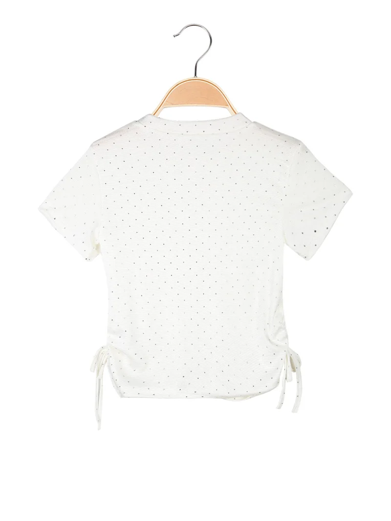 Top da bambina a maniche corte con strass - bianco