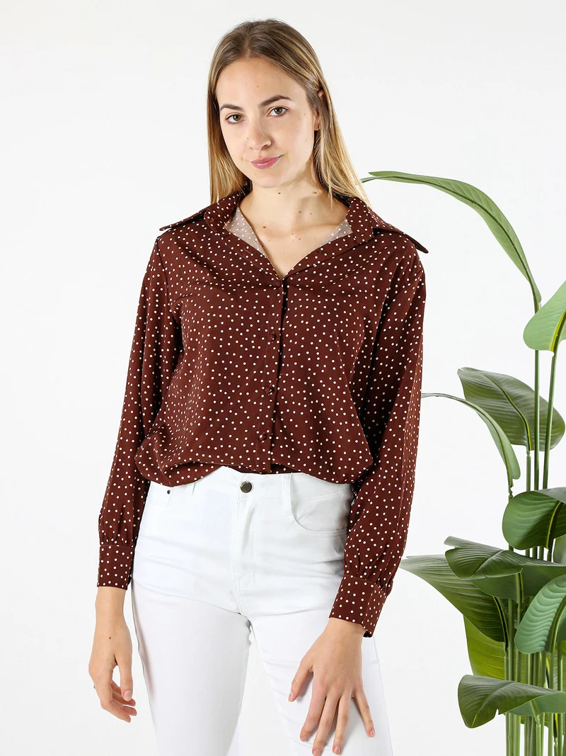 Camicia donna a maniche lunghe con stampa a pois - marrone