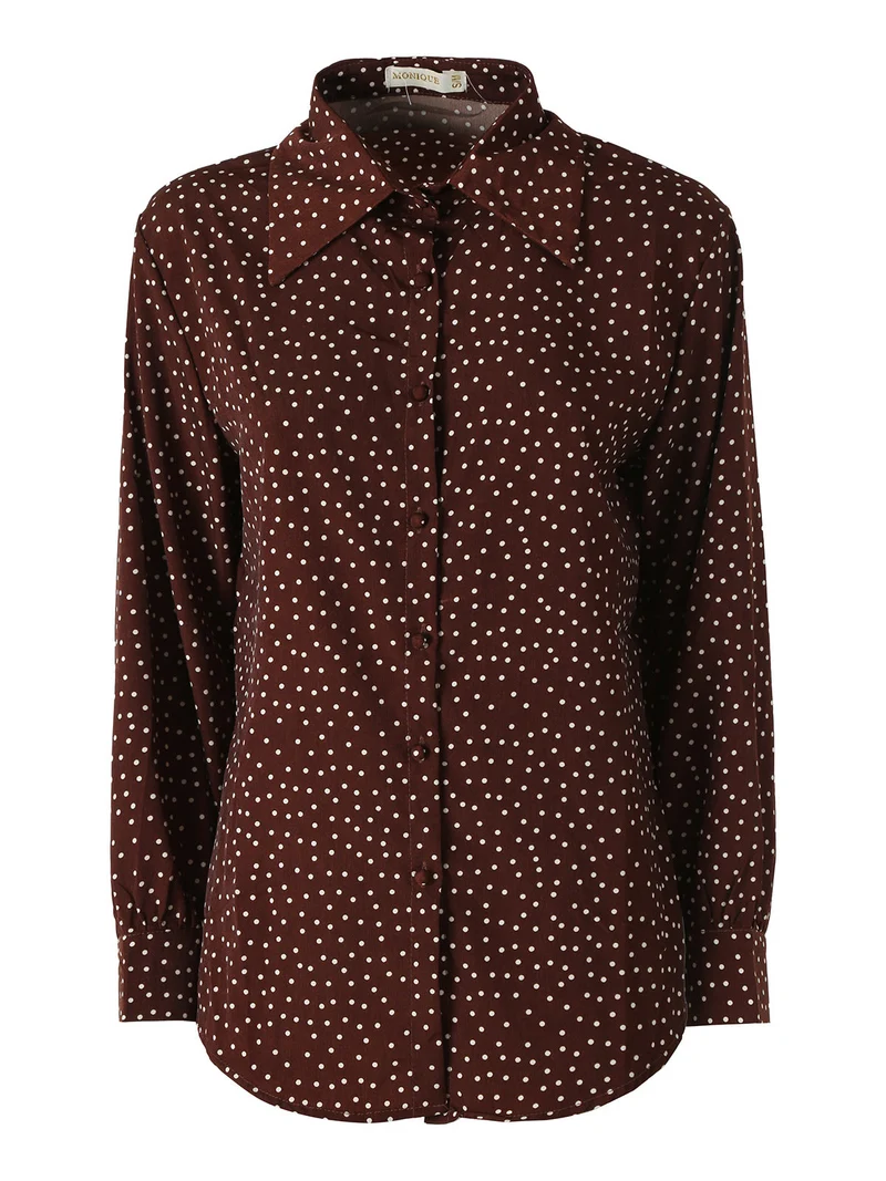 Camicia donna a maniche lunghe con stampa a pois - marrone