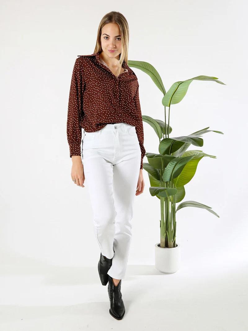Camicia donna a maniche lunghe con stampa a pois - marrone