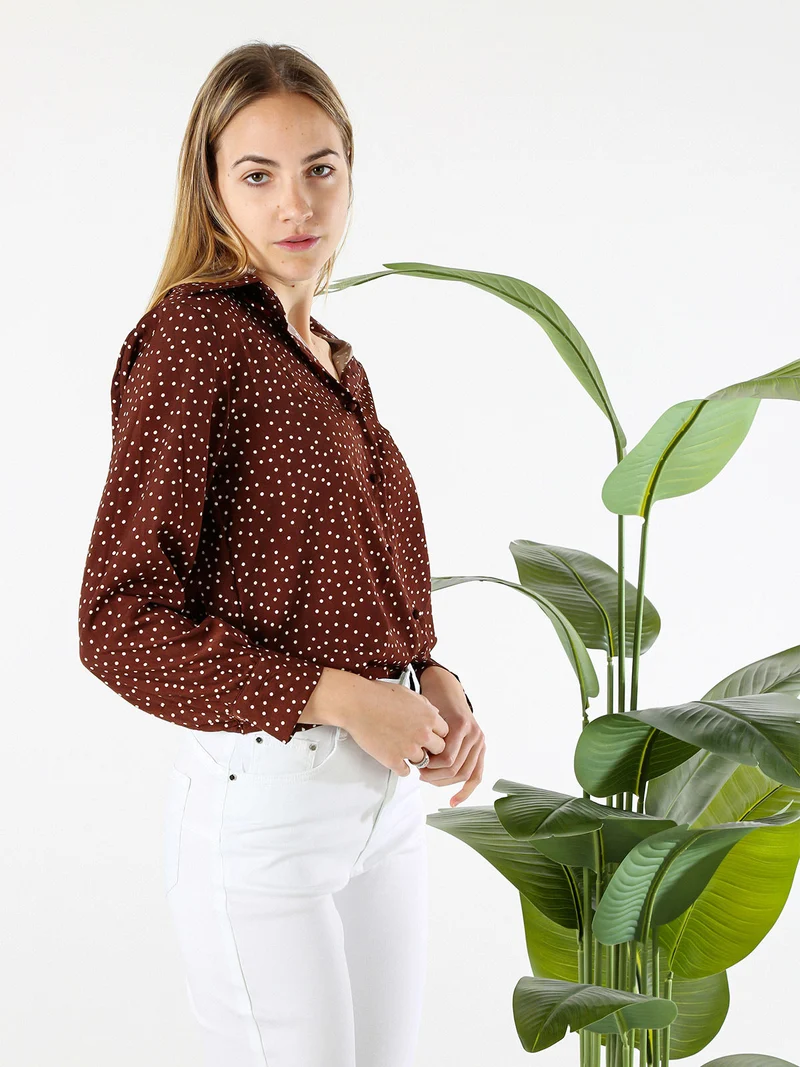 Camicia donna a maniche lunghe con stampa a pois - marrone