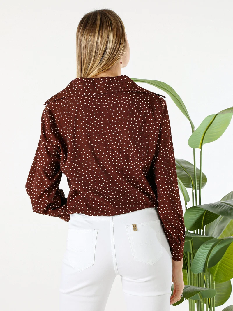 Camicia donna a maniche lunghe con stampa a pois - marrone